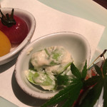 銀座 水野 - 蛸の柔らか煮・鯵の南蛮漬け・生麩の田楽・そら豆の木の芽和え・トマトの蜂蜜煮