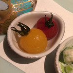 銀座 水野 - 蛸の柔らか煮・鯵の南蛮漬け・生麩の田楽・そら豆の木の芽和え・トマトの蜂蜜煮