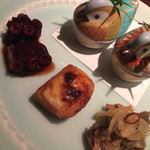 銀座 水野 - 蛸の柔らか煮・鯵の南蛮漬け・生麩の田楽・そら豆の木の芽和え・トマトの蜂蜜煮