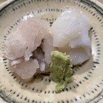 食堂 おがわ - “鱧のタタキと紋甲烏賊”。この時期の“鱧”、夏場とまた違った深い味わいです。