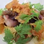 クイントカント - グリーンはチェルフォーリエ、明石の蛸とトピナンブールのチップス、その下にクレソンのペースト、底に新玉葱のピューレ