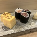 鮨辰巳 - たまご　巻物（明太げそ　ぶり　かつお）