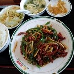 大福源 - ランチA（700円）。今日は青椒肉絲でしたね。メチャ美味いです。消費税の影響でしょうか、少し値上げとなりましたが、CPは最高クラス。