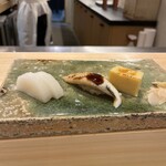 鮨 七海 - べったら漬け、穴子、玉子。