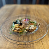 イル ビッライオ - 前菜盛り合わせ 真鯛カルパッチョ 揚げ茄子・バルサミコ シマエビのフリット 白レバーパテ