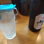 らーめん あお屋 - キンキンに冷えたグラスに瓶ビール。真っ昼間から飲む背徳感が美味さを倍増させます（笑）