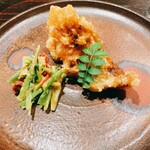 料理屋もり尋 - タチウオのビール衣揚げ、富田林の海老芋のおかき揚げ