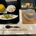 料亭 冨茂登 - 活茹で真蛸の温州和え、烏賊ソーメン、茶碗蒸し