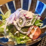 鉄板料理 かめだ - ②野菜サラダ(赤縮緬萵苣&薄切り玉葱&蕃茄《トマト》&水菜&紫甘藍&薄切り赤蕪)
            サラダも野菜の種類が多くて嬉しい
            もう少しボリュームがあると更に嬉しいかな