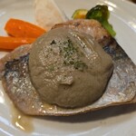 キッチン ブルー グローブ - 正面から、牛蒡のソースはグレイ色