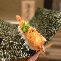 鮨トキドキ串 海老虎 - こちらのスペシャリテ 海老虎巻き 山椒ソース サクサクのエビフライ、パリパリの海苔、美味しい♥