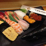 千成寿司 - 贅沢寿司、2950円。こちらに、別皿で穴子寿司と味噌汁つきました！