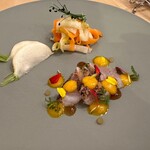Mon gouter - 料理写真:前菜①  蓮子鯛のカルパッチョ、にんじんのドレッシングとレモンのピュレ