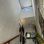 JiProign - 外から見た時にこのビルの特徴になっている三角形の出っ張りはこの階段の上の吹き抜けで、天窓から昼間は採光し、夜は中の灯りが外に漏れて活動中を知らせている。