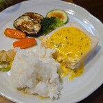 キッチン ブルー グローブ - ご飯を乗せて