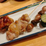 炭火割烹とも - お晩酌コース(富士の鶏つくね、もも串、銀杏とむかご、パリパリ胡瓜)