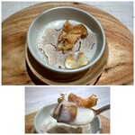 RESTAURANT L'EQUITERRE - ＊下にソテーしたフォアグラがたっぷり入り、菊芋のスープもいいお味で美味しいですね。 フォアグラ大好きですから、頂けて嬉しい。(〃▽〃) 菊芋はチップでも添えられていて食感も愉しめます。♪