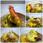 RESTAURANT L'EQUITERRE - ＊赤海老は甘く、味噌までしっかり頂きました。 ＊烏賊も帆立も、甘みを感じ美味しい。 ＊カボチャのムースは滑らか食感でカボチャ自体の甘みを感じるのですけれど、 他の食材の旨味を邪魔せず絶妙な味わい。流石ですね。(^^)v