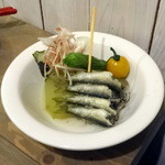 酒嚢飯袋 - 稚鮎と走り野菜の冷や浸し