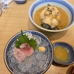 上町菊屋 - 鯉の洗い（数切れ食べた後の写真）、鯉こく