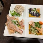 魚んと - ポテサラ、ナスの揚げびたし、厚揚げ、あん肝