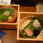 Keishindou Honten Oshokujidokoro Hyakufukuan - お刺身の伊勢海老と前菜3種盛り、梅酒