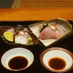 日本料理 幸庵 - 蛸、クエ、鰤の錦胡麻とろろ乗せ、鰆の炭火炙り