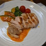 キッチン ブルー グローブ - 鶏もも肉ソテーのアップ