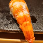 鮨 こしかわ - 車海老、尻尾部分は塩で。頭部分はエビ味噌とほんのりお醤油で