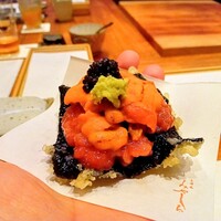 天婦羅 みやしろ - 本鮪たたき、バフンウニ、キャビア、山葵載せ
