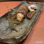 御料理 寺沢 - 松茸の牛肉巻と唐墨と茹で落花生