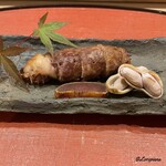 御料理 寺沢 - 松茸の牛肉巻と唐墨と茹で落花生