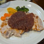 キッチン ブルー グローブ - ロースソテーのアップ、大きいサイズです