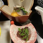 懐石宿  潮里 - (上)鯖翁漬け＆柿＆酢蓮根と(下)蛸の柔らか煮