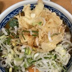 加賀 - かき揚げ天そば生卵入りにねぎをたっぷりとかけて唐辛子を入れました。