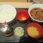 いろり庵きらく - 朝食セット￥380 半そば&ライス&ネギ&揚げ玉&生玉子