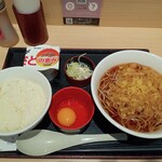 いろり庵きらく - 朝食セット￥480  たぬきそば(通常サイズ)&ライス&生玉子&納豆