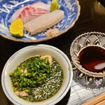 道人 - ③真鯛(兵庫県明石産、朝10時〆)
      産卵は春～初夏、旬は秋～晩冬
      ④皮剥(兵庫県淡路島産、当日〆)、肝ポン酢添え
      産卵は初夏～夏、旬は秋～冬
      薬味:肝ポン酢、醤油