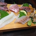 魚鉄食堂 綱島店 - お刺身盛り合わせ。スルメイカ、大ツブ貝、カンパチ、鯵、鯛、金目。