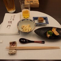 ぎおん 阪川 - あん肝、桜えびの和え物、穴子すし