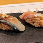 宮城の魚と赤酢のお寿司 魚が肴 稲荷小路本店 - ①の皿　金華〆鯖/カンパチ