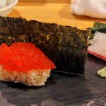 宮城の魚と赤酢のお寿司 魚が肴 - ④の皿　筋子手巻き/活〆平目(刺身)