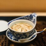 274753238 - ①【先付】
                    鼈出汁の茶碗蒸し、百合根、広島産松茸、鼈出汁+生姜の餡掛け