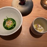 Restaurant Karyon - 紅くるり大根のローストと国産トリュフ、牡蠣のショーフロワ春菊と金柑、キウイと自家製リコッタのクリーム