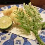 う越貞 - 太刀魚と新芽のたらの芽の天ぷら