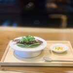 レストラン ウオゼン - ⑤【冷前菜-2】
      岩魚の石窯焼きのガレット、葉山葵のピクルス、山椒の新芽、月輪熊のラルド（背脂の生ハム）、鉄火味噌のパウダー掛け、山椒風味のサヴァイヨンソース+燻し岩魚のイクラ