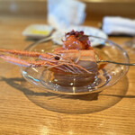 やまぐち - ④三河湾赤座海老のカッペリーニ～フルーツトマトソース、海老頭から身を掻き出して、ガーリックオイルで仕立てて、最後に唐墨かけ放題トッピング～