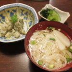 若鮎荘 - 夕食 タケノコ小鉢とにゅうめん