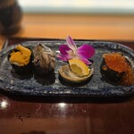 ひょうたん寿司 - 至福の皆さん(8、9、10貫目)うに､活ひとくち鮑､鮭いくらこぼれ