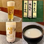 杏樹亭 岸根店 - 「生中（Asahiスーパードライ）（税抜￥680）」と本日のオススメボードと「本生マッコリ（税込￥2,200）」